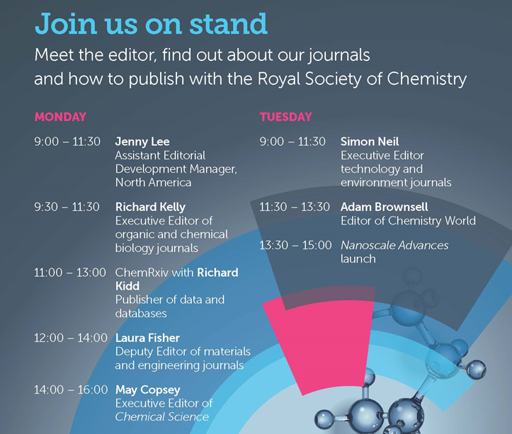 booth, stand, meet the editor, Royal Society of Chemistry, Richard Kelly, Richard Kidd, Laura Fisher, May Copsey, Chemical Science, Simon Neil, Adam Brownsell