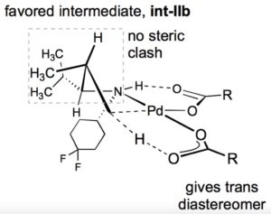图2:机理假设说明:H-胺和丙戊酸钠之间的键，分子内碱辅助脱细胞，以及形成反式非对映体的偏好。