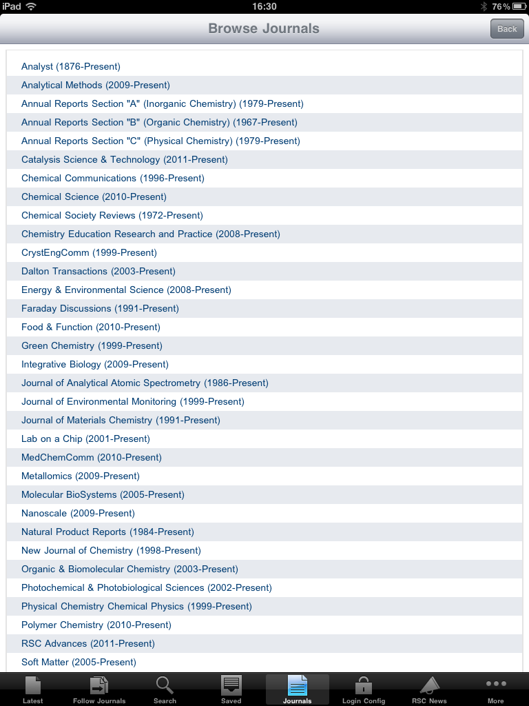RSC移动期刊列表在iPad上